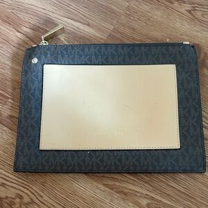 Michael Kors Brown MK Monogram Pouch with Cream Front Pocket